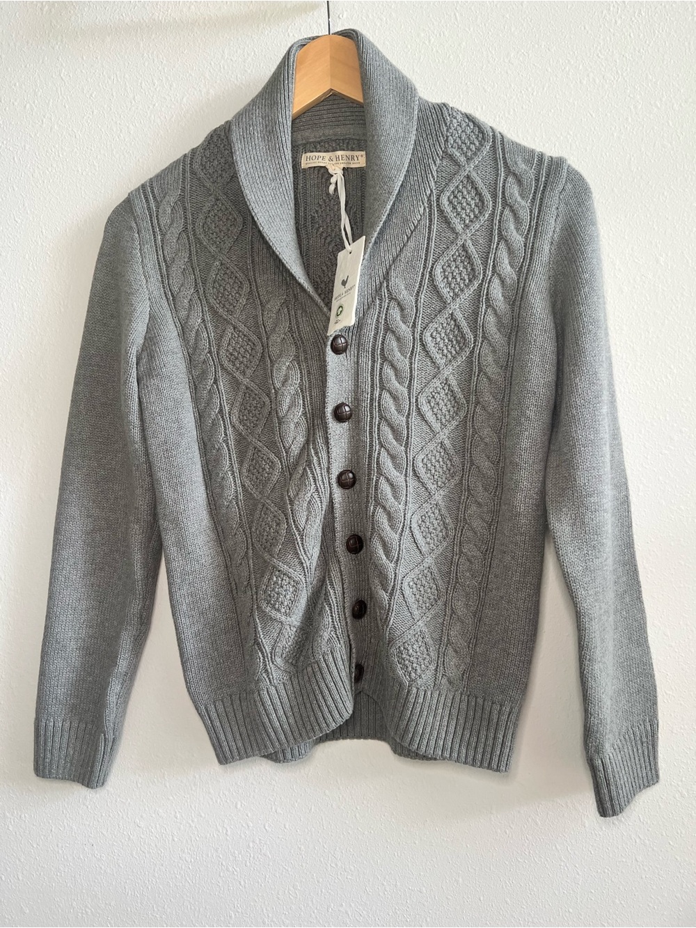 NWT Hope & Henry Boys Organic Cable Knit Shawl Collar Cardigan Sweater Gray L